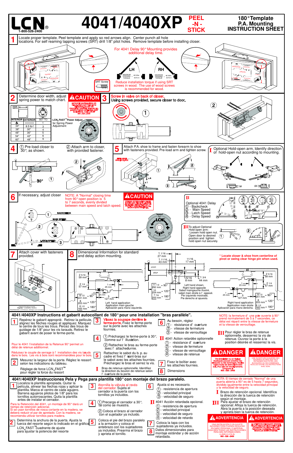 Peel -n - stick, 32 1 i iii, Danger | 180° template p.a. mounting instruction sheet, Caution | Factory Direct Hardware LCN 4040XP User Manual | Page 2 / 4