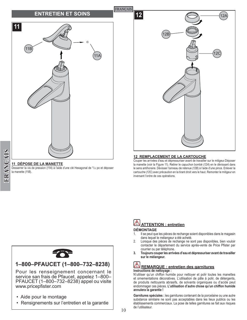 Fran ç ais, Entretien et soins | Pfister GT40-YP0K User Manual | Page 10 / 12