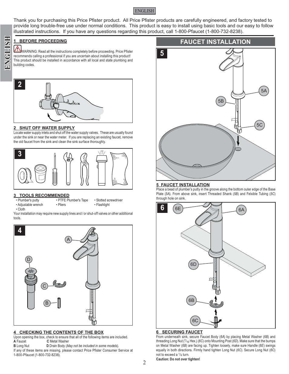 English, Faucet installation | Pfister GT40-YP0K User Manual | Page 2 / 12