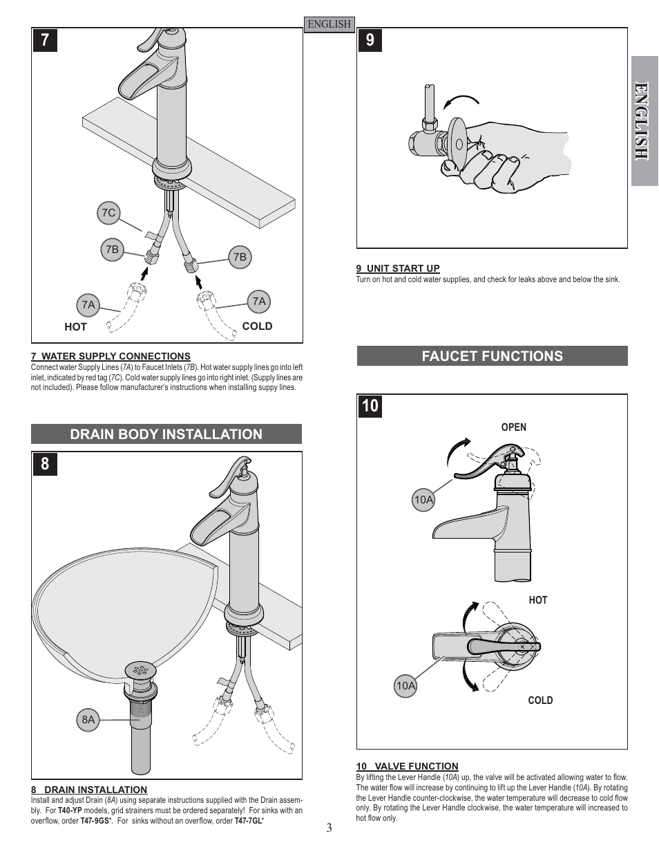 English, Faucet functions drain body installation | Pfister GT40-YP0K User Manual | Page 3 / 12