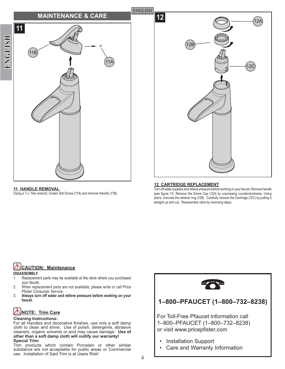 English, Maintenance & care | Pfister GT40-YP0K User Manual | Page 4 / 12