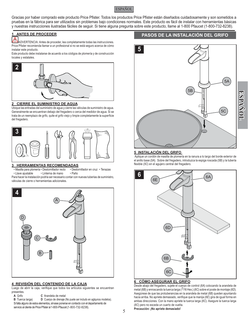 Esp a ñ ol | Pfister GT40-YP0K User Manual | Page 5 / 12