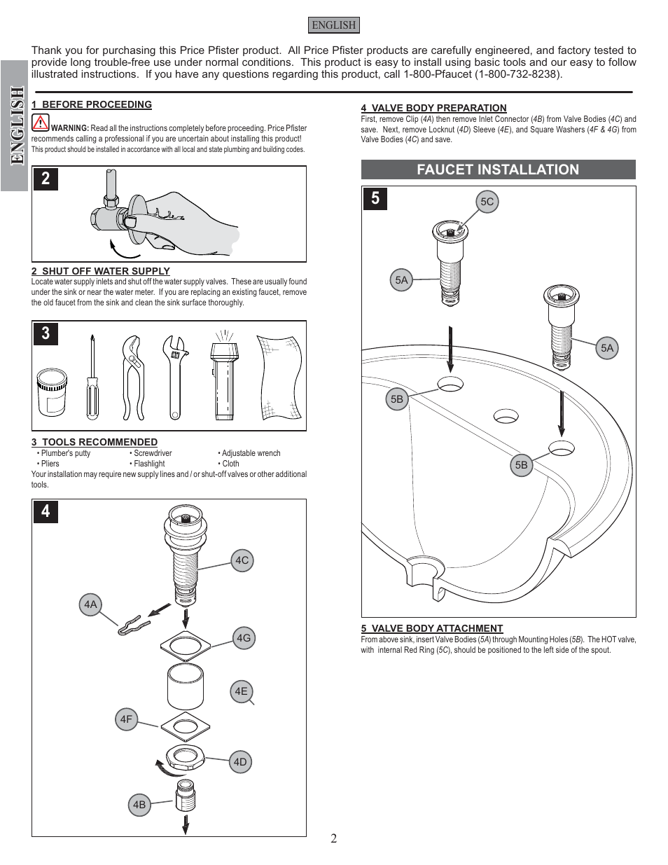 English, Faucet installation | Pfister F-049-SYKK User Manual | Page 2 / 14
