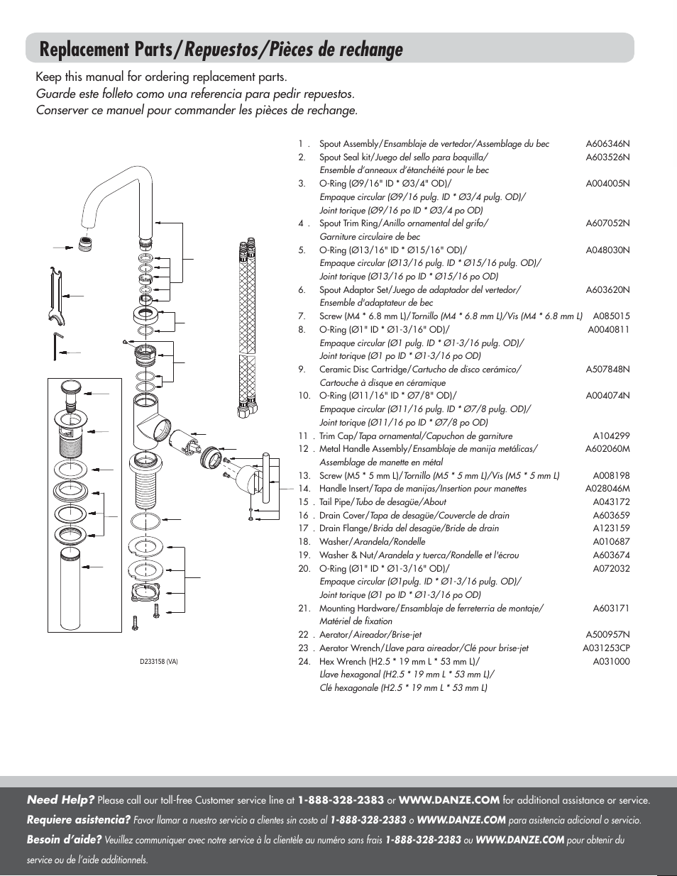 Replacement parts/ repuestos/pièces de rechange | Factory Direct Hardware Danze D231558 User Manual | Page 6 / 6