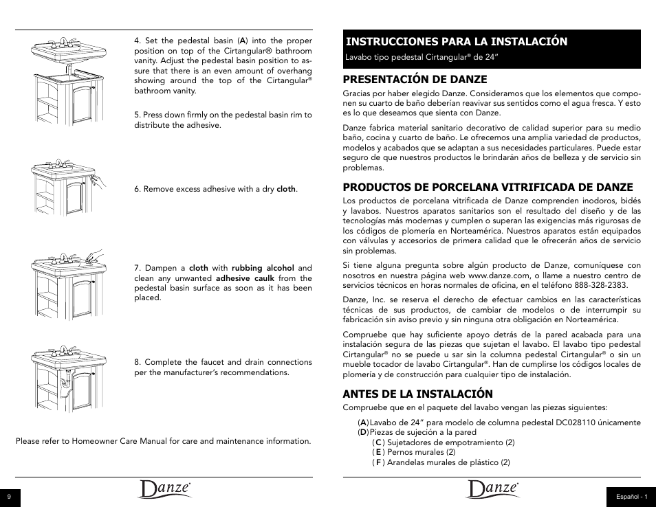 Presentación de danze, Productos de porcelana vitrificada de danze, Antes de la instalación | Instrucciones para la instalación | Factory Direct Hardware Danze DC028110 User Manual | Page 6 / 14