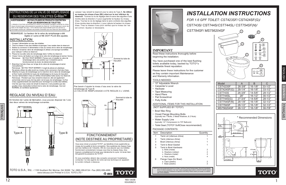 Factory Direct Hardware Toto CST423SF Promenade User Manual | 6 pages