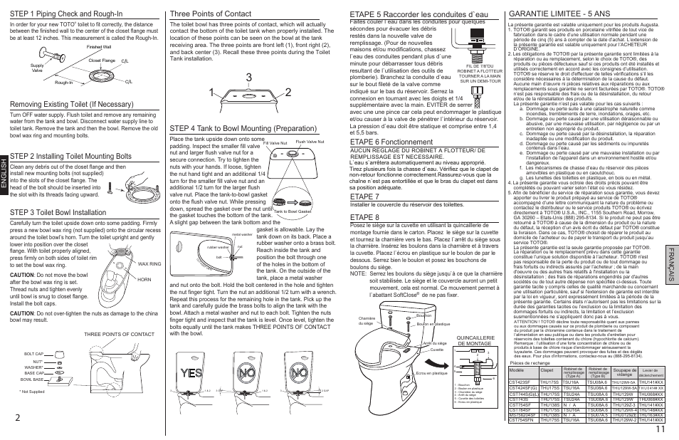 0gu008z-5final p2p11.pdf, No yes, Step 1 piping check and rough-in | Removing existing toilet (if necessary), Step 2 installing toilet mounting bolts, Step 3 toilet bowl installation, Step 4 tank to bowl mounting (preparation), Three points of contact, Etape 7, Etape 8 | Factory Direct Hardware Toto CST423SF Promenade User Manual | Page 2 / 6