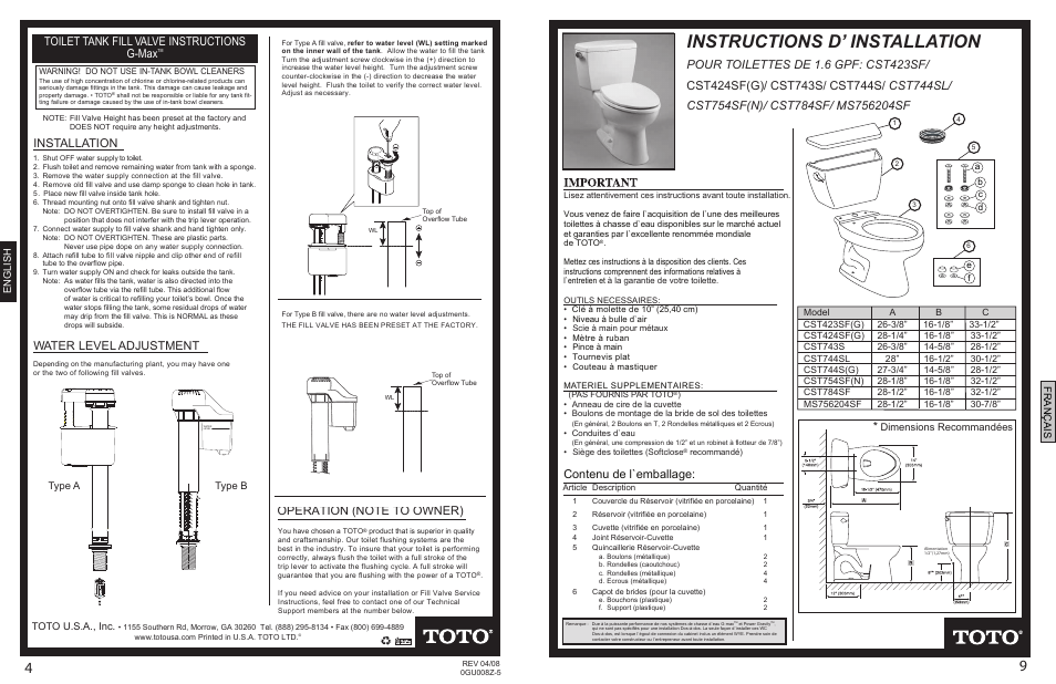 0gu008z-5final p4p9.pdf, Instructions d’ installation, Contenu de l`emballage | Toilet tank fill valve instructions g-max, English, Dimensions recommandées, Toto u.s.a., inc, Type a type b | Factory Direct Hardware Toto CST423SF Promenade User Manual | Page 4 / 6
