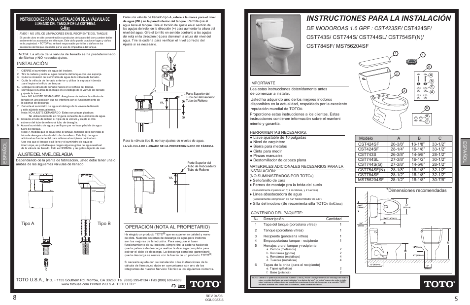 0gu008z-5final p8p5.pdf, Instructiones para la instalación, Español toto u.s.a., inc | Instalación, Ajuste del nivel del agua, Tipo a tipo b operación (nota al propietario), Español, Dimensiones recomendadas | Factory Direct Hardware Toto CST423SF Promenade User Manual | Page 5 / 6