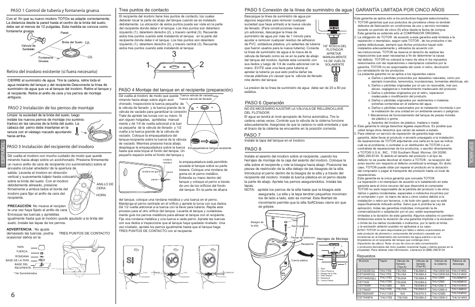 0gu008z-5final p6p7.pdf, No si, Paso 1 control de tubería y fontanería gruesa | Tres puntos de contacto español español, Retiro del inodoro existente (si fuera necesario), Paso 6 operaci ó n, Paso 7 paso 8 | Factory Direct Hardware Toto CST423SF Promenade User Manual | Page 6 / 6