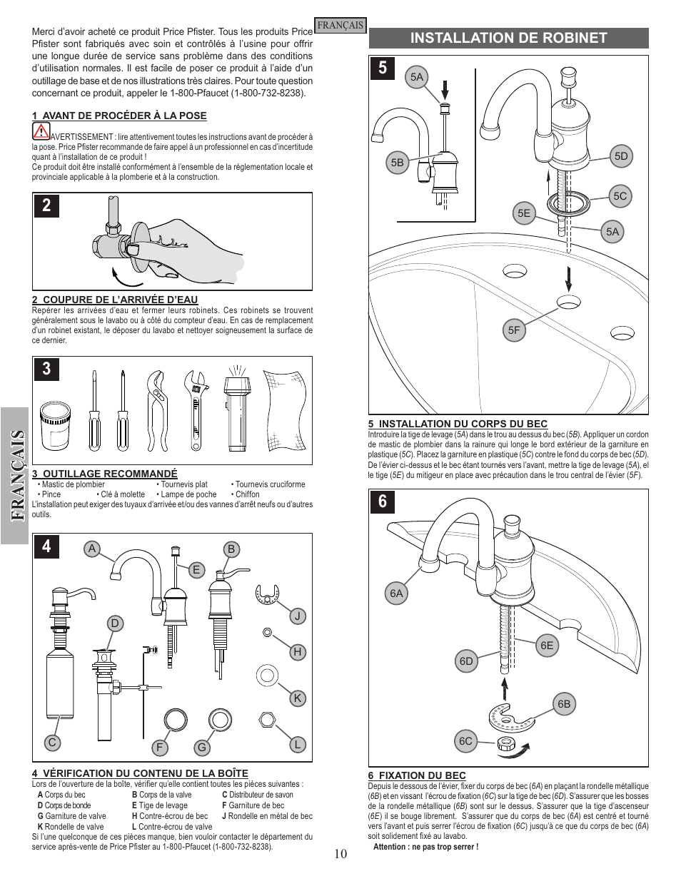 Fran ç ais, Installation de robinet | Pfister F-049-HA1Y User Manual | Page 10 / 14