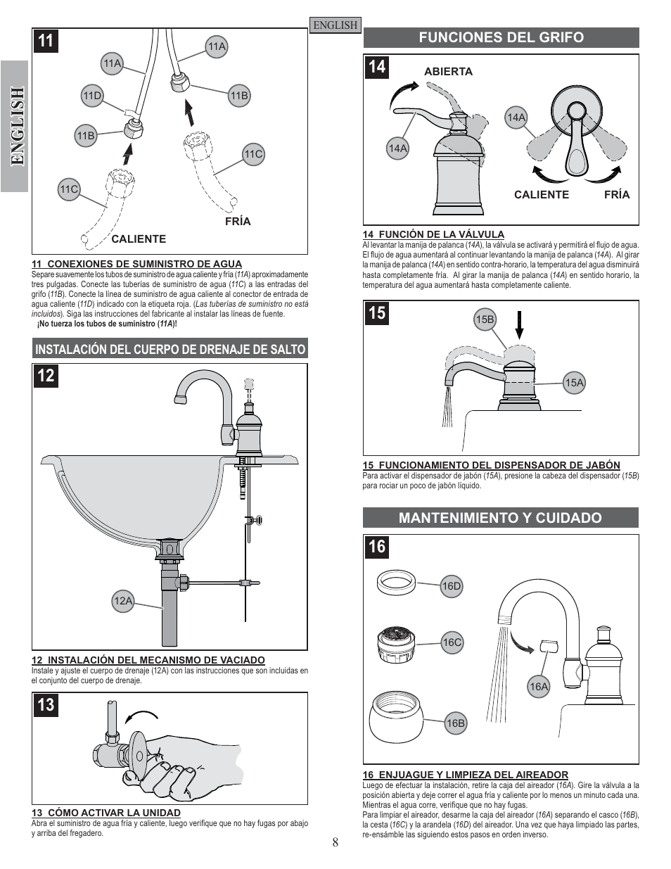 English, Funciones del grifo mantenimiento y cuidado | Pfister F-049-HA1Y User Manual | Page 8 / 14
