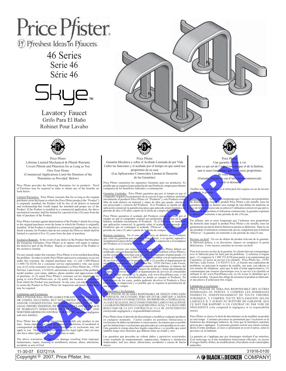 Pfister F-046-SYKK User Manual | 14 pages