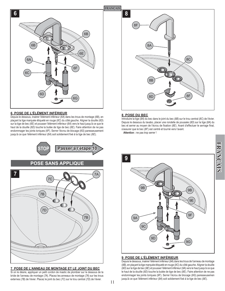 Fran ç ais, Stop, Pose sans applique | Pfister F-046-SYKK User Manual | Page 11 / 14
