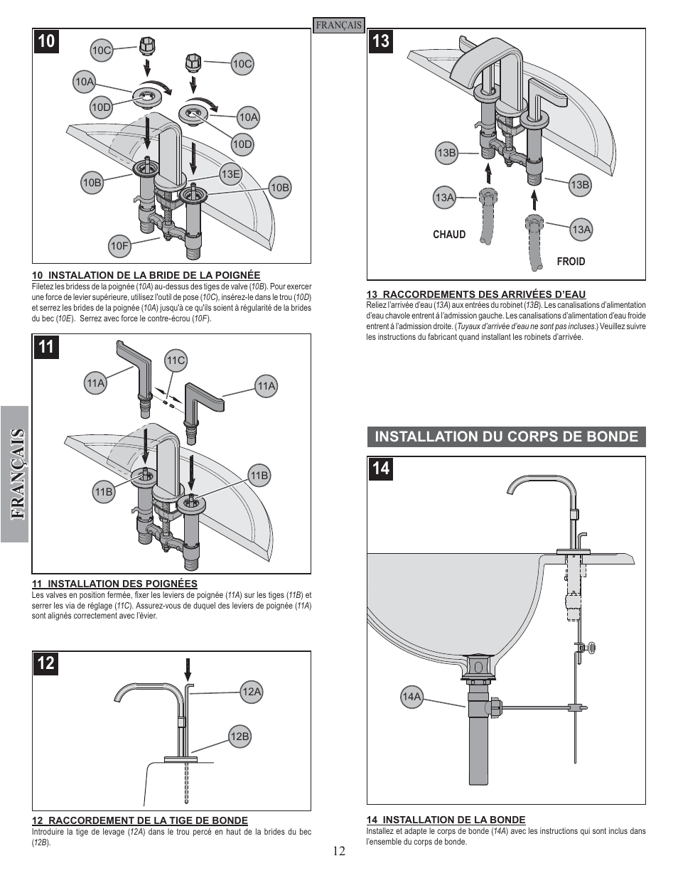 Fran ç ais, Installation du corps de bonde | Pfister F-046-SYKK User Manual | Page 12 / 14