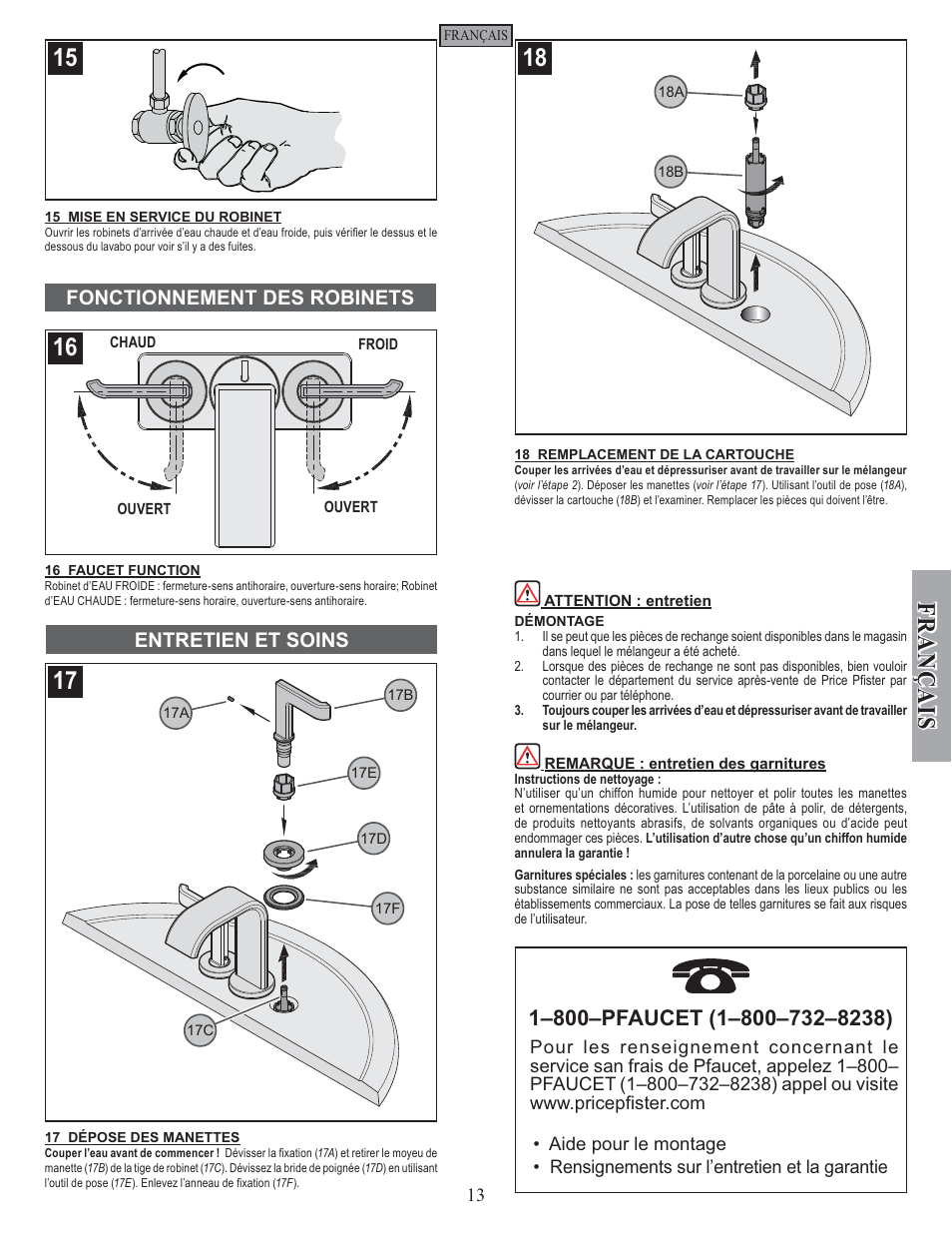 Fran ç ais, Fonctionnement des robinets entretien et soins | Pfister F-046-SYKK User Manual | Page 13 / 14