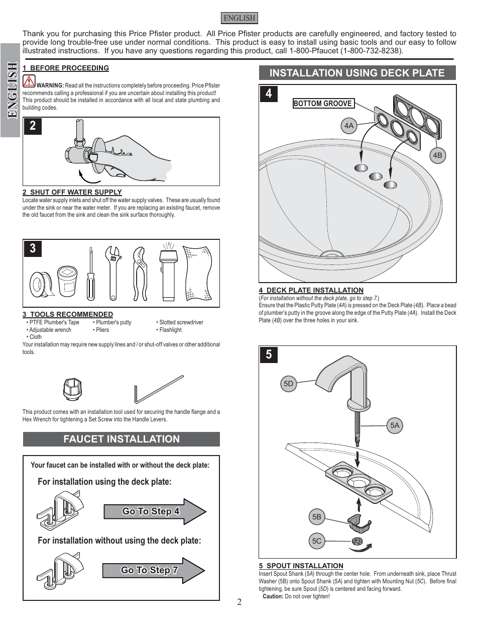 English, Faucet installation installation using deck plate | Pfister F-046-SYKK User Manual | Page 2 / 14