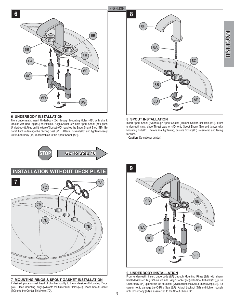 English, Stop, Installation without deck plate | Pfister F-046-SYKK User Manual | Page 3 / 14