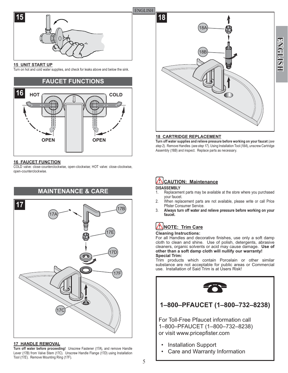 English, Faucet functions maintenance & care | Pfister F-046-SYKK User Manual | Page 5 / 14