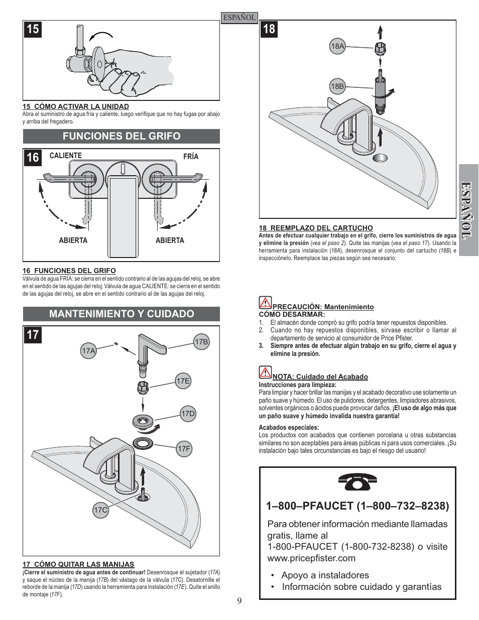 Esp a ñ ol, Funciones del grifo mantenimiento y cuidado | Pfister F-046-SYKK User Manual | Page 9 / 14