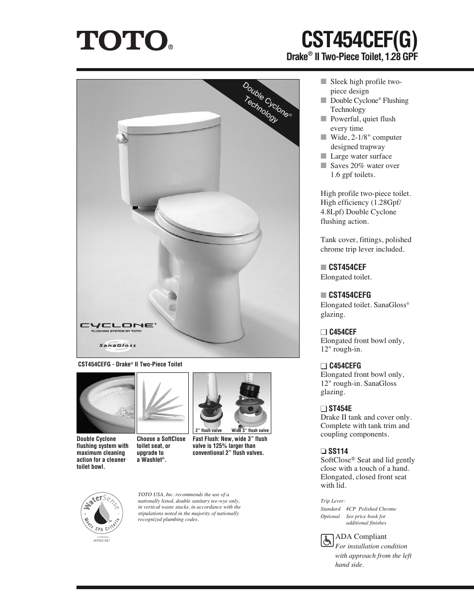 Factory Direct Hardware Toto CST454CEFG Drake User Manual | 2 pages
