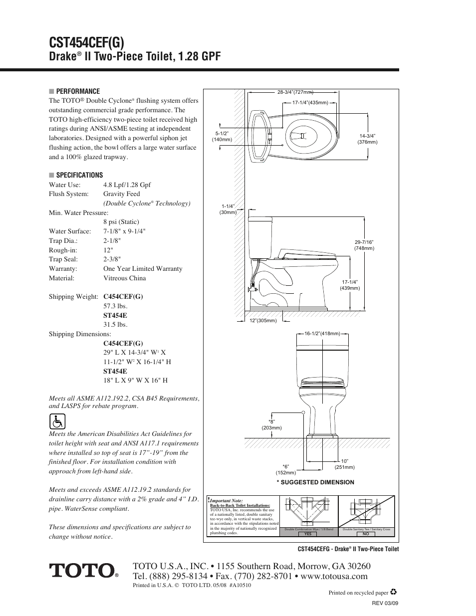 Cst454cef(g), Drake, Ii two-piece toilet, 1.28 gpf | Factory Direct Hardware Toto CST454CEFG Drake User Manual | Page 2 / 2