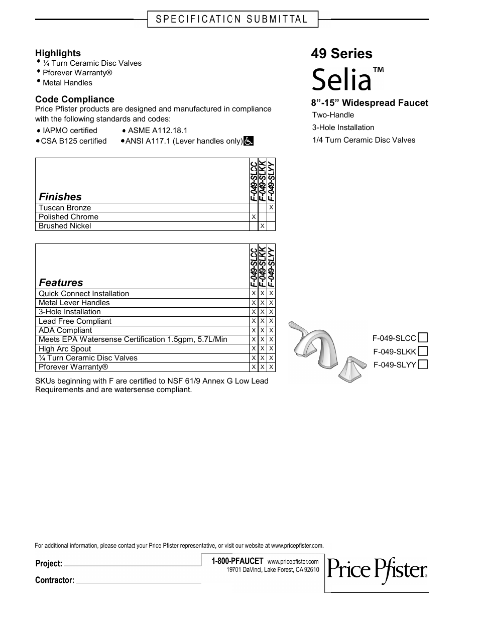 Factory Direct Hardware Pfister F-049-SL User Manual | 1 page