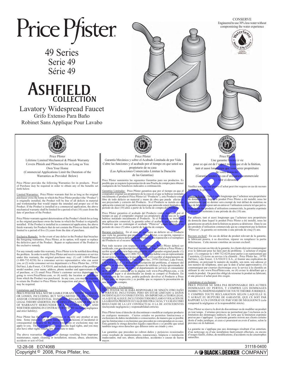 Factory Direct Hardware Pfister F-049-YW1K User Manual | 12 pages