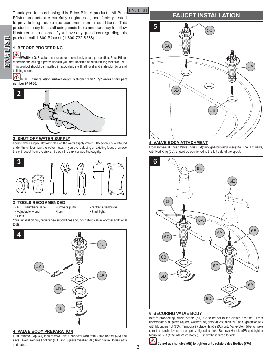 English, Faucet installation | Factory Direct Hardware Pfister F-049-YW1K User Manual | Page 2 / 12