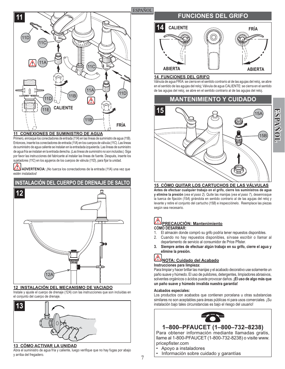 Esp a ñ ol, Funciones del grifo mantenimiento y cuidado | Factory Direct Hardware Pfister F-049-YW1K User Manual | Page 7 / 12
