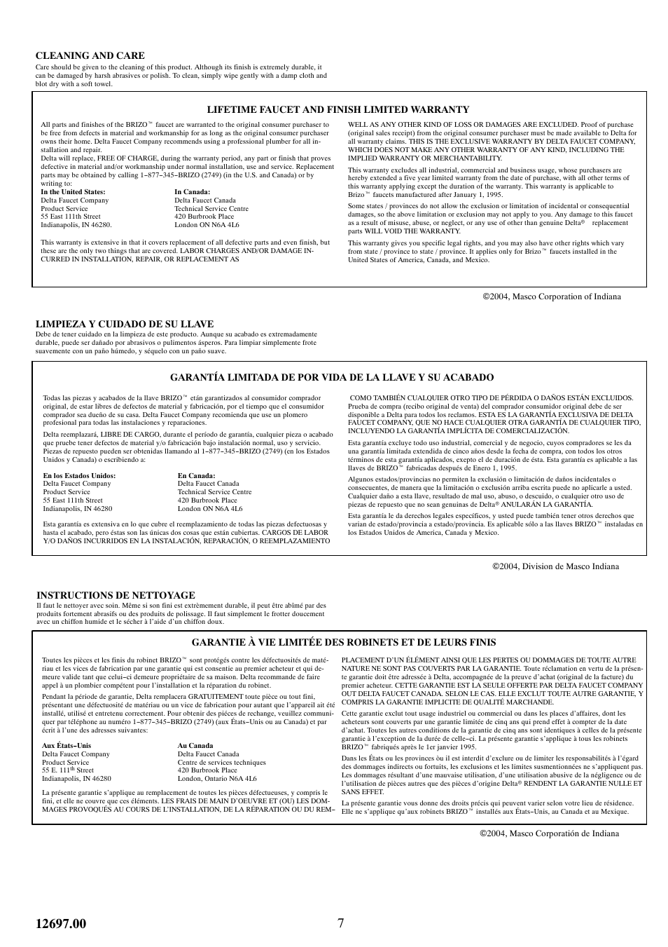 Cleaning and care, Lifetime faucet and finish limited warranty, Limpieza y cuidado de su llave | Instructions de nettoyage | Factory Direct Hardware Brizo 6516729-BN User Manual | Page 7 / 7