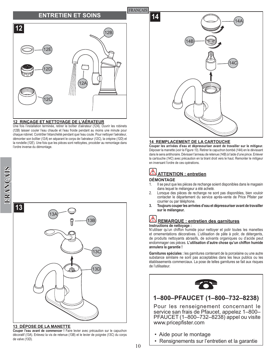 Fran ç ais, Entretien et soins | Pfister F-042-HAK0 User Manual | Page 10 / 12