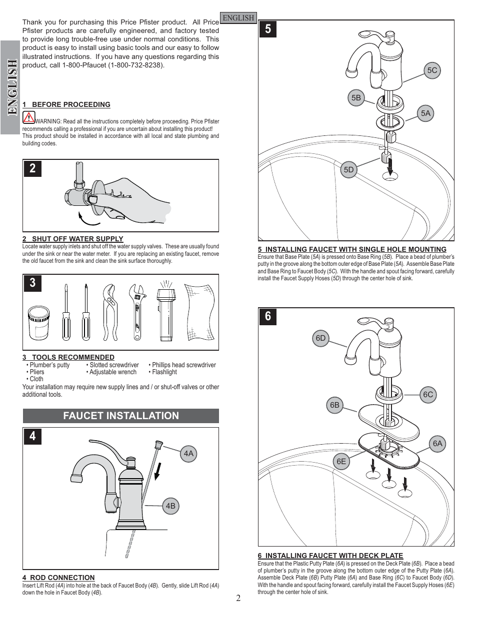 English, Faucet installation | Pfister F-042-HAK0 User Manual | Page 2 / 12