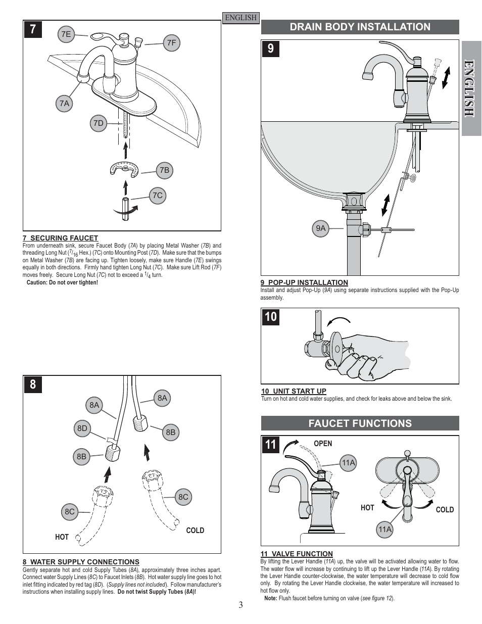 English, Drain body installation, Faucet functions | Pfister F-042-HAK0 User Manual | Page 3 / 12