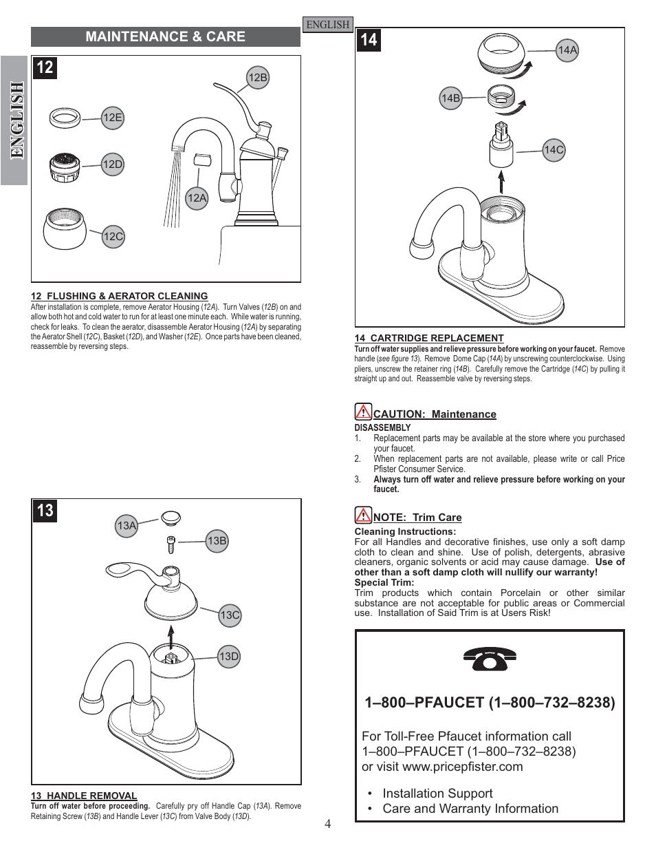 English, Maintenance & care | Pfister F-042-HAK0 User Manual | Page 4 / 12