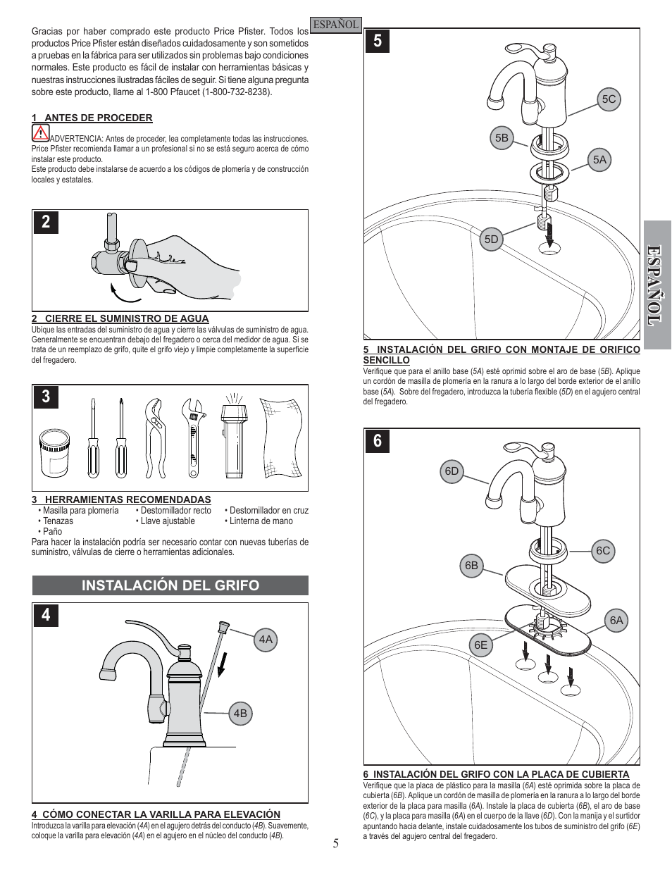 Esp a ñ ol, Instalación del grifo | Pfister F-042-HAK0 User Manual | Page 5 / 12