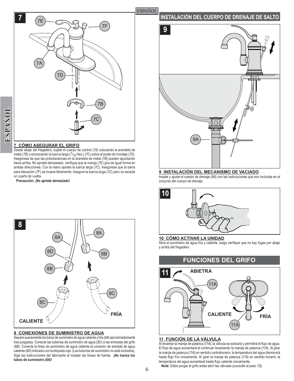 Esp a ñ ol, Funciones del grifo | Pfister F-042-HAK0 User Manual | Page 6 / 12
