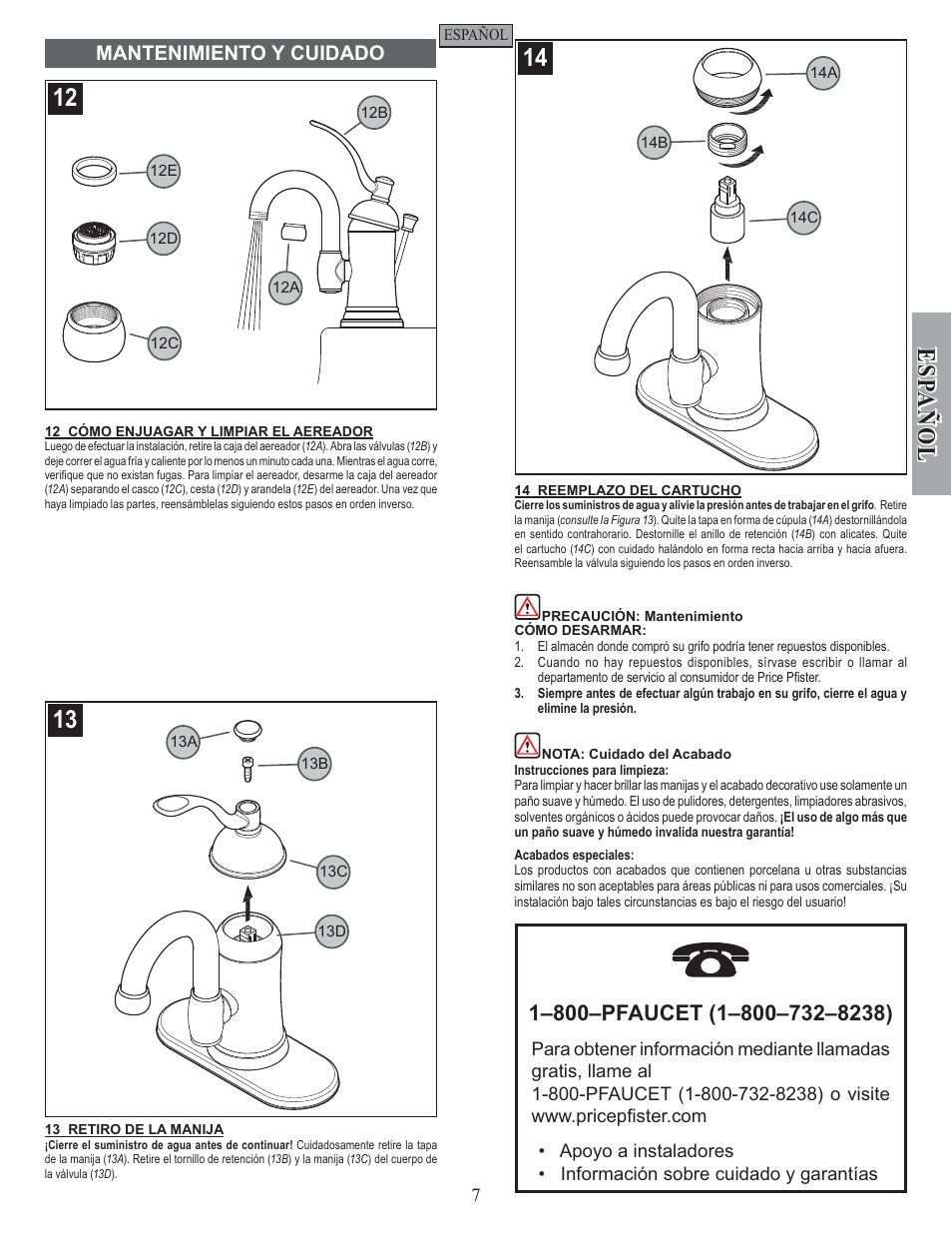 Esp a ñ ol, Mantenimiento y cuidado | Pfister F-042-HAK0 User Manual | Page 7 / 12