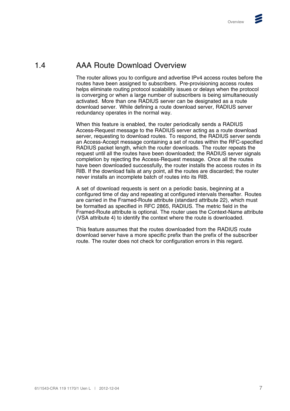 4 aaa route download overview, Aaa route download overview | QTECH SmartEdge 600 Configuration User Manual | Page 11 / 32