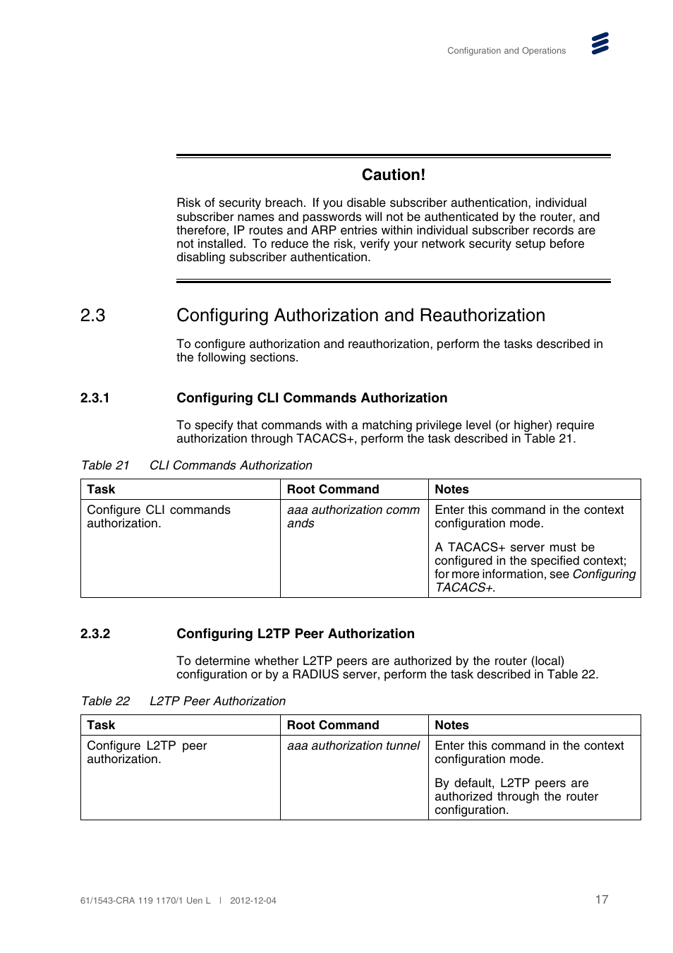 3 configuring authorization and reauthorization, 1 configuring cli commands authorization, 2 configuring l2tp peer authorization | Configuring authorization and reauthorization, Caution | QTECH SmartEdge 600 Configuration User Manual | Page 21 / 32