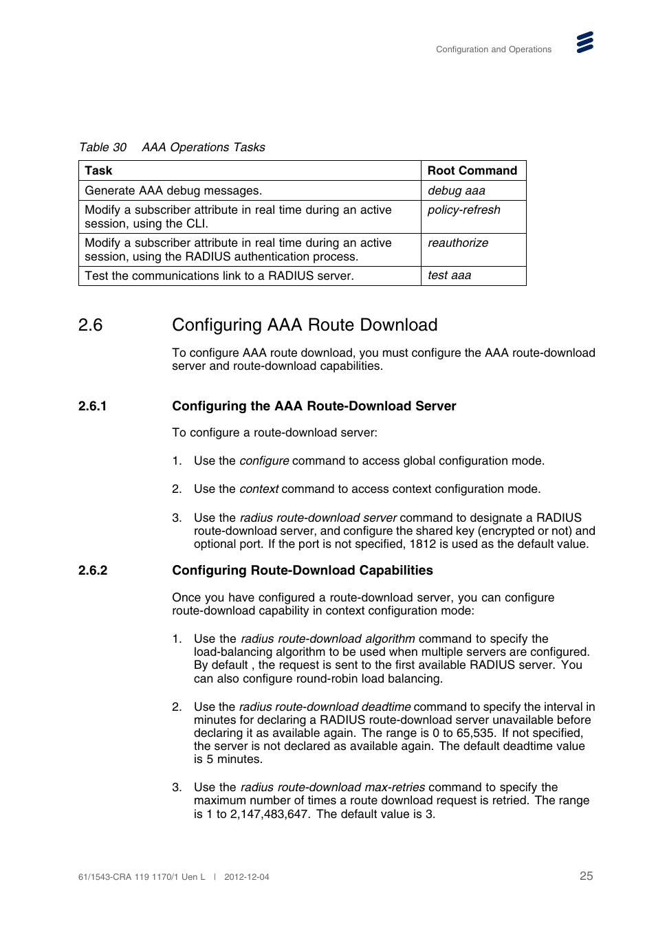 6 configuring aaa route download, 1 configuring the aaa route-download server, 2 configuring route-download capabilities | Configuring aaa route download, Table 30 | QTECH SmartEdge 600 Configuration User Manual | Page 29 / 32