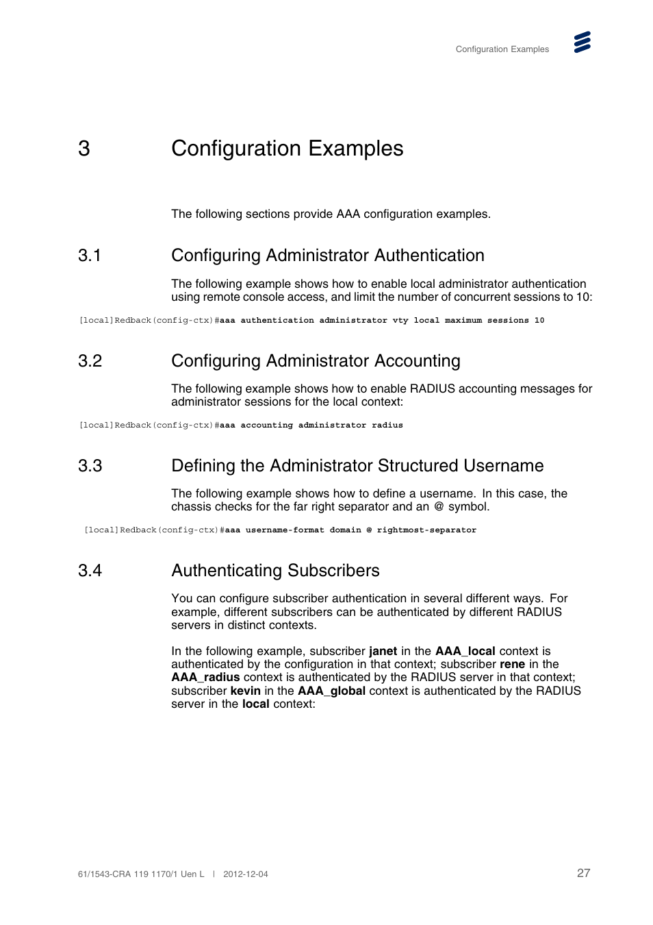 3 configuration examples, 1 configuring administrator authentication, 2 configuring administrator accounting | 3 defining the administrator structured username, 4 authenticating subscribers, Configuration examples, Configuring administrator authentication, Configuring administrator accounting, Defining the administrator structured username, Authenticating subscribers | QTECH SmartEdge 600 Configuration User Manual | Page 31 / 32