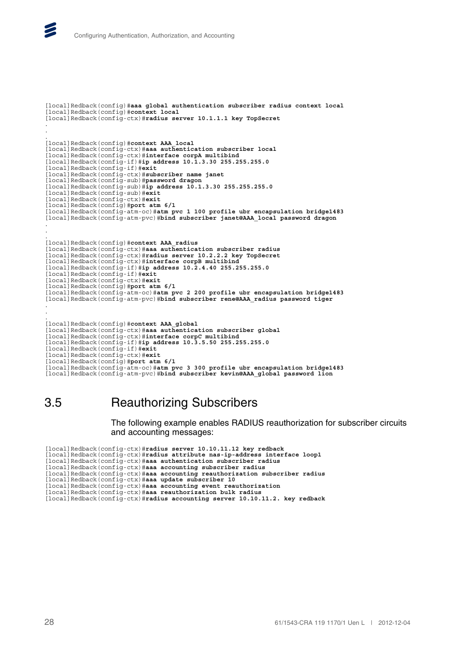 5 reauthorizing subscribers, Reauthorizing subscribers | QTECH SmartEdge 600 Configuration User Manual | Page 32 / 32