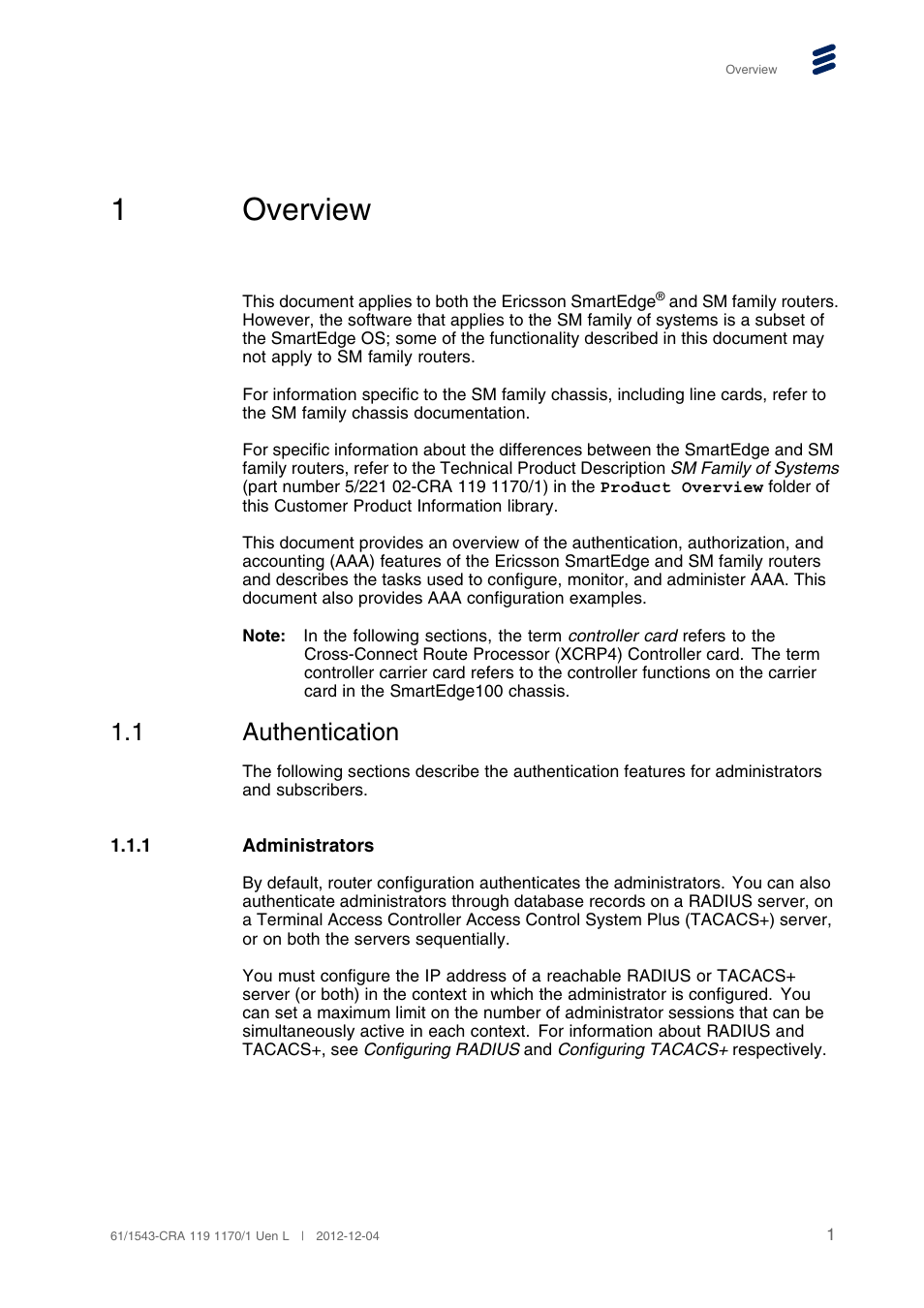 1 overview, 1 authentication, 1 administrators | Overview, Authentication, 1overview | QTECH SmartEdge 600 Configuration User Manual | Page 5 / 32