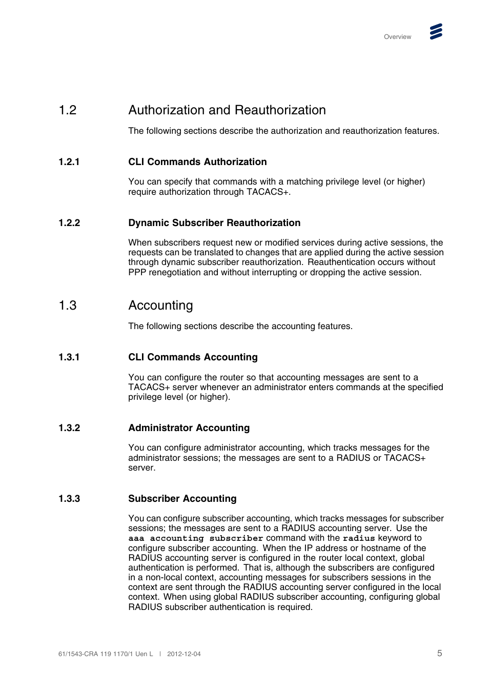 2 authorization and reauthorization, 1 cli commands authorization, 2 dynamic subscriber reauthorization | 3 accounting, 1 cli commands accounting, 2 administrator accounting, 3 subscriber accounting, Authorization and reauthorization, Accounting | QTECH SmartEdge 600 Configuration User Manual | Page 9 / 32