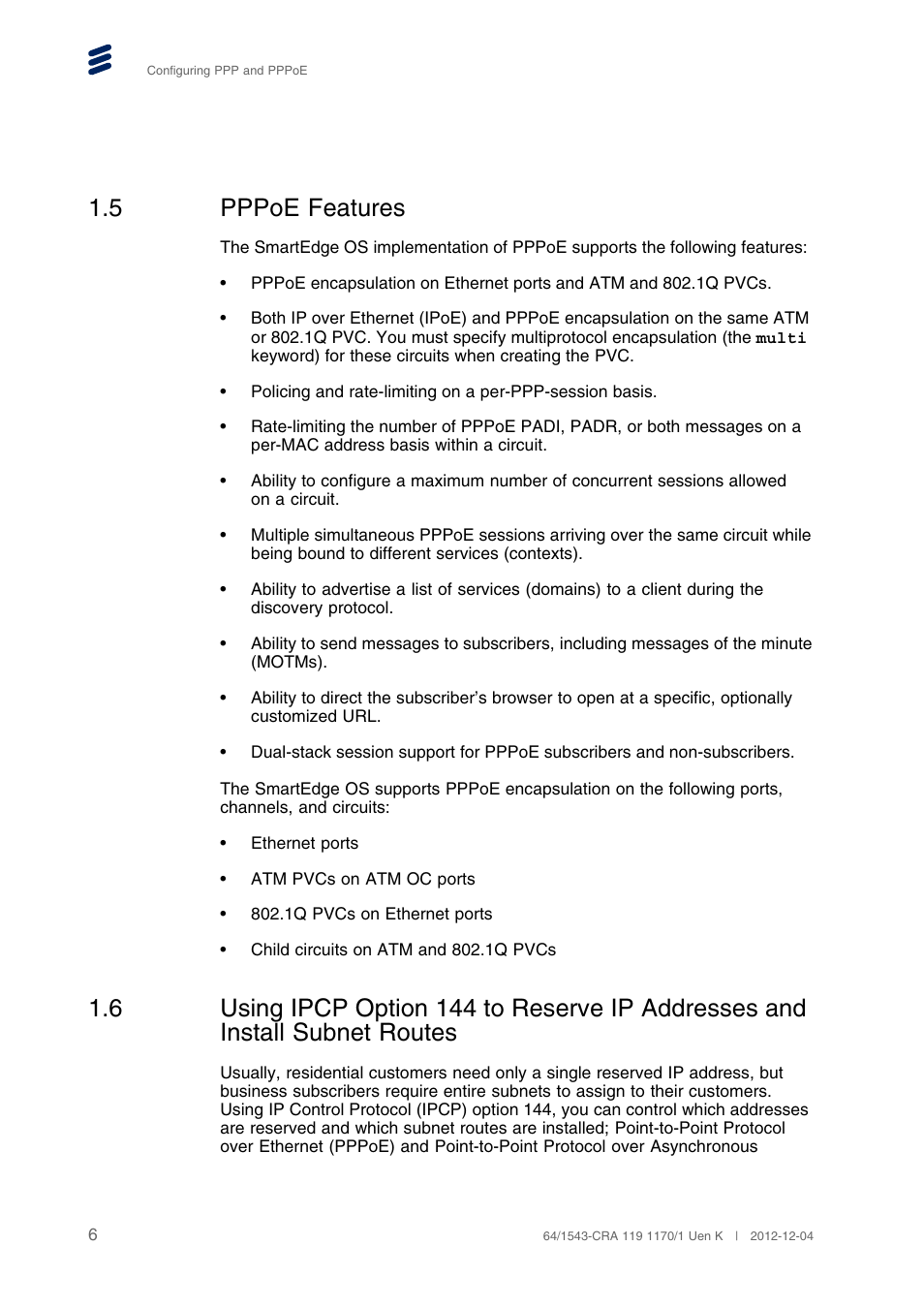 5 pppoe features, Pppoe features | QTECH SmartEdge 100 PPP and PPPoE User Manual | Page 10 / 35