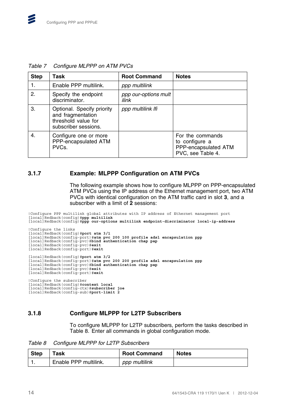 7 example: mlppp configuration on atm pvcs, 8 configure mlppp for l2tp subscribers, Example: mlppp configuration on atm pvcs | Configure mlppp for l2tp subscribers | QTECH SmartEdge 100 PPP and PPPoE User Manual | Page 18 / 35
