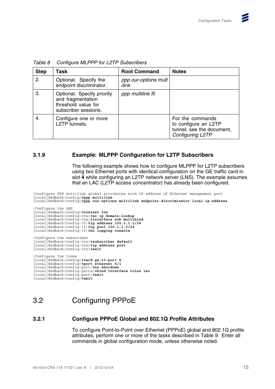 2 configuring pppoe, Example: mlppp configuration for l2tp subscribers, Configuring pppoe | QTECH SmartEdge 100 PPP and PPPoE User Manual | Page 19 / 35