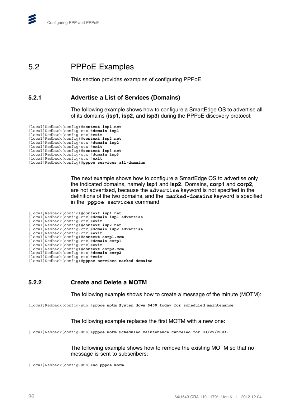 2 pppoe examples, 1 advertise a list of services (domains), 2 create and delete a motm | Pppoe examples, Advertise a list of services (domains), Create and delete a motm | QTECH SmartEdge 100 PPP and PPPoE User Manual | Page 30 / 35