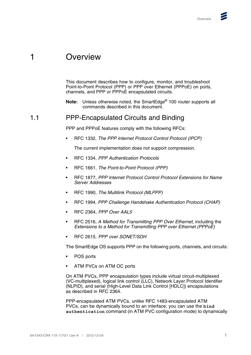 1 overview, 1 ppp-encapsulated circuits and binding, Overview | Ppp-encapsulated circuits and binding, 1overview | QTECH SmartEdge 100 PPP and PPPoE User Manual | Page 5 / 35